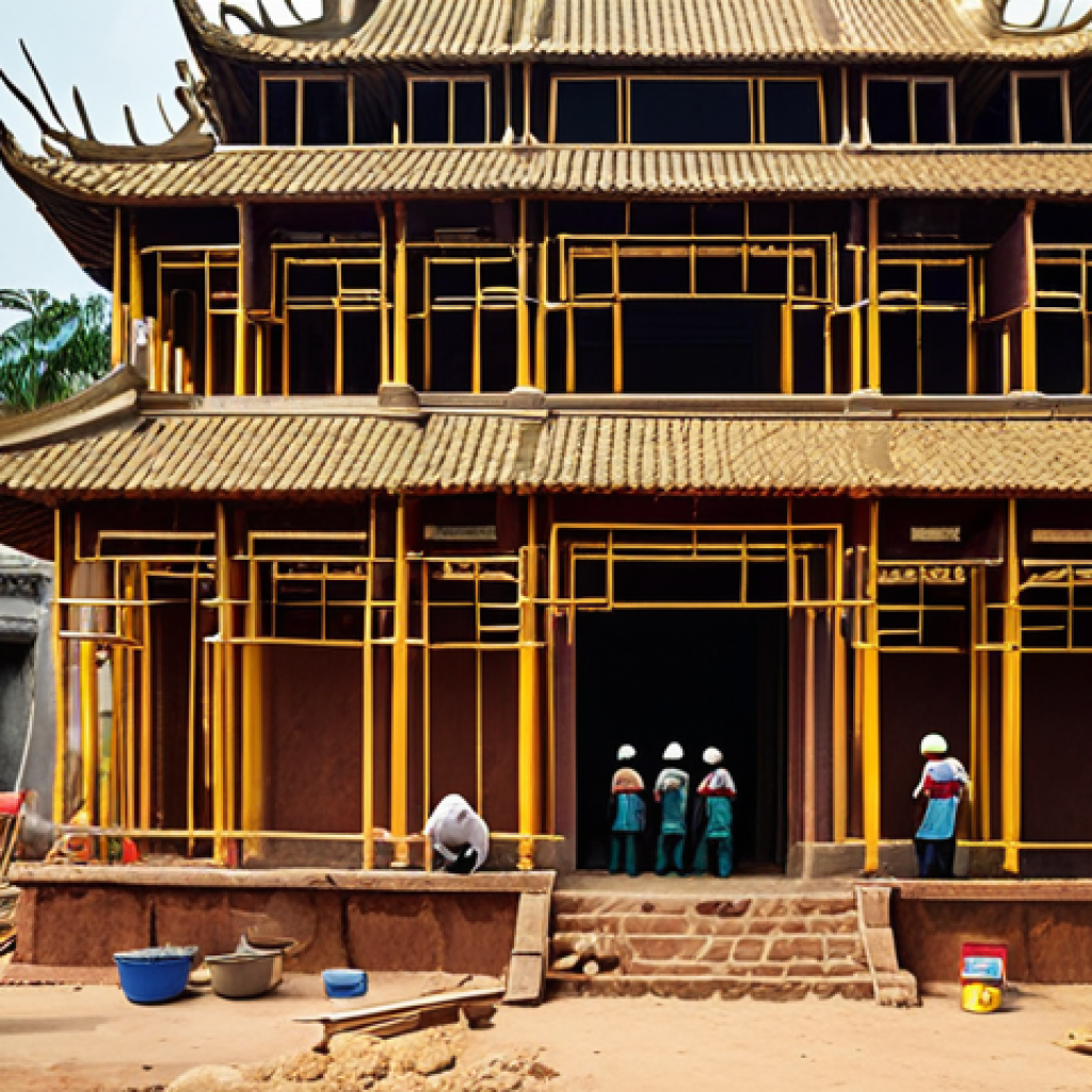 **Image Prompt:** A bustling construction site focused on restoring an ancient temple in a Vietnamese suburb. Capture the blend of modern construction workers collaborating with traditionally skilled artisans. The scene should emphasize communication and teamwork, showcasing both engineers in hard hats and older craftsmen with years of experience. Include elements of traditional Vietnamese architecture and scaffolding.