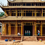 **Image Prompt:** A bustling construction site focused on restoring an ancient temple in a Vietnamese suburb. Capture the blend of modern construction workers collaborating with traditionally skilled artisans. The scene should emphasize communication and teamwork, showcasing both engineers in hard hats and older craftsmen with years of experience. Include elements of traditional Vietnamese architecture and scaffolding.