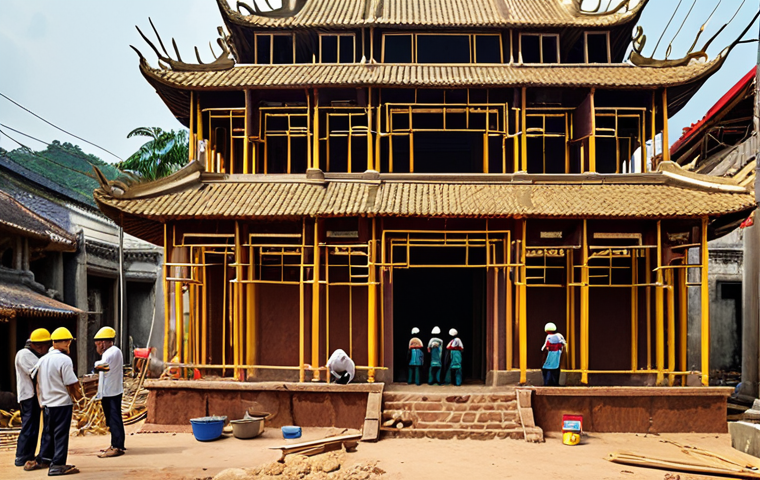**Image Prompt:** A bustling construction site focused on restoring an ancient temple in a Vietnamese suburb. Capture the blend of modern construction workers collaborating with traditionally skilled artisans. The scene should emphasize communication and teamwork, showcasing both engineers in hard hats and older craftsmen with years of experience. Include elements of traditional Vietnamese architecture and scaffolding.