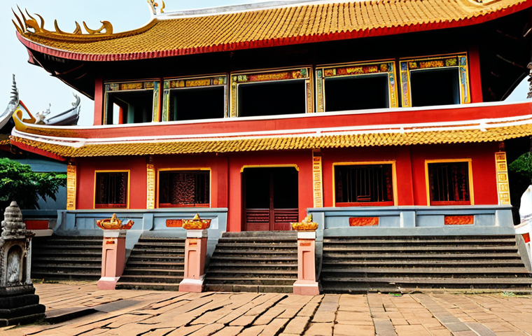 ** A vibrant photograph showcasing the successful restoration of a historic Vietnamese temple. Focus on intricate architectural details, with skilled artisans meticulously applying traditional techniques. Capture the sense of cultural pride and the preservation of national heritage.
**
