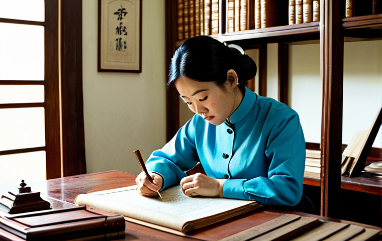 A professional Vietnamese cultural heritage researcher, an adult woman, is deeply focused, sitting at a classic wooden desk in a quiet, sunlit archival room. She wears a modest, elegant blouse and tailored trousers. Around her, shelves are filled with ancient Vietnamese texts, rolled architectural blueprints, and meticulously organized research materials. She holds an old, delicate scroll, examining its intricate details with a magnifying glass. The room features subtle traditional Vietnamese decorative motifs. High quality, realistic, professional photography, perfect anatomy, correct proportions, natural pose, well-formed hands, proper finger count, natural body proportions, fully clothed, appropriate attire, modest clothing, safe for work, appropriate content, professional.
