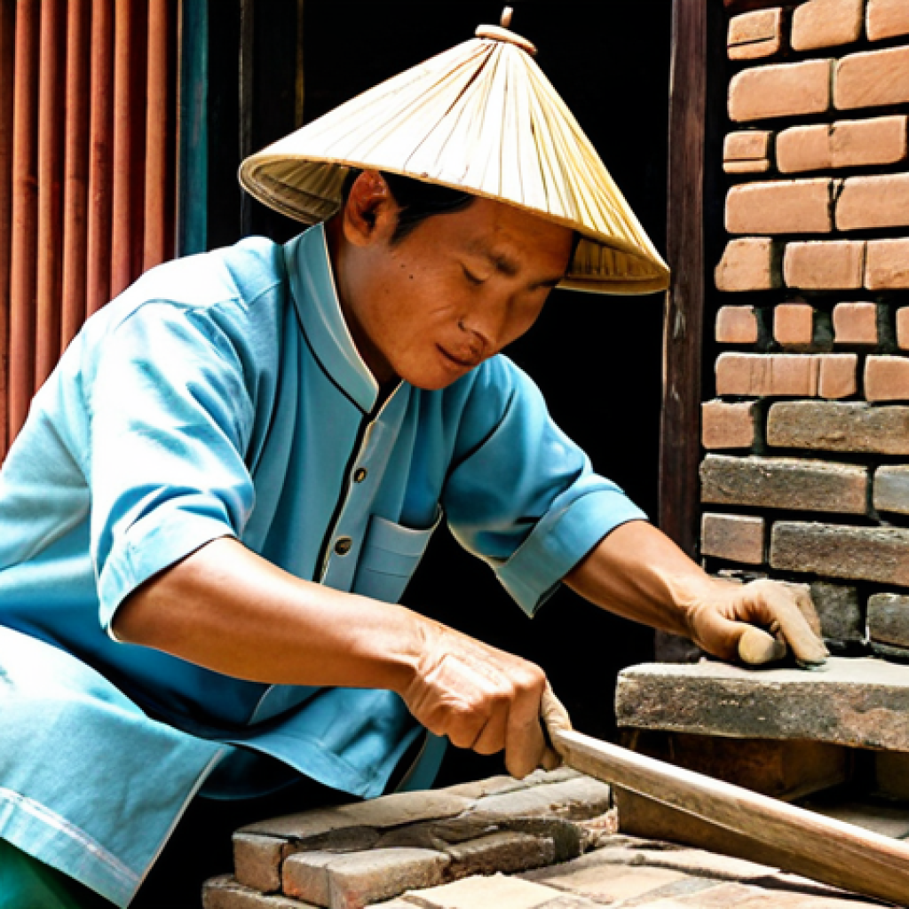 Traditional Craftsperson**
"A skilled artisan in traditional Vietnamese attire, meticulously restoring a section of an ancient brick wall. Using traditional tools and materials, focused on detail. Set in a sun-drenched courtyard of a historic Hoi An building. Fully clothed, modest clothing, appropriate attire, safe for work, perfect anatomy, natural proportions, professional photography, high quality, family-friendly."
**
