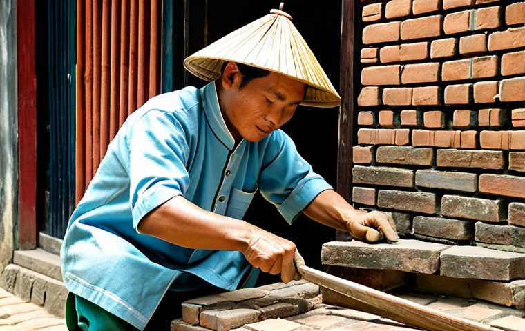 Traditional Craftsperson**
"A skilled artisan in traditional Vietnamese attire, meticulously restoring a section of an ancient brick wall. Using traditional tools and materials, focused on detail. Set in a sun-drenched courtyard of a historic Hoi An building. Fully clothed, modest clothing, appropriate attire, safe for work, perfect anatomy, natural proportions, professional photography, high quality, family-friendly."
**