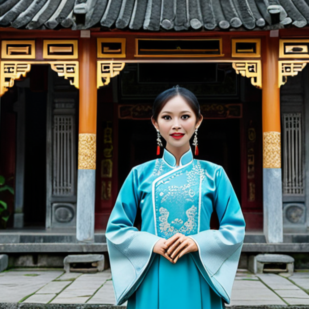 **

A professional Vietnamese architect, fully clothed in a modest ao dai (traditional Vietnamese dress), standing in front of a beautifully restored ancient temple in Hoi An, Vietnam. The temple features intricate carvings and traditional Vietnamese architectural details. Safe for work, appropriate content, perfect anatomy, natural pose, high-quality photo, professional setting.

**