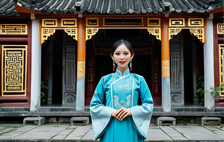 **

A professional Vietnamese architect, fully clothed in a modest ao dai (traditional Vietnamese dress), standing in front of a beautifully restored ancient temple in Hoi An, Vietnam. The temple features intricate carvings and traditional Vietnamese architectural details. Safe for work, appropriate content, perfect anatomy, natural pose, high-quality photo, professional setting.

**