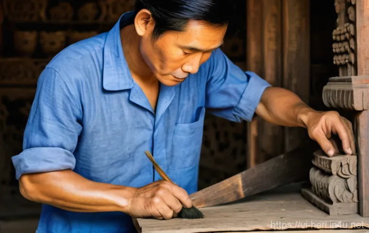 문화재수리기술자 이직 성공 사례 - **Prompt 1: Meticulous Restoration of an Ancient Vietnamese Temple Detail**
    A highly detailed, r...