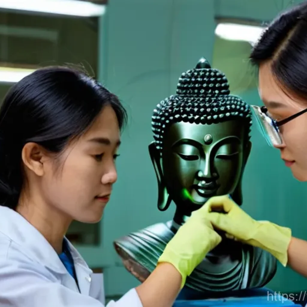 문화재수리기술자 실무에서의 문제 해결 능력 - **Prompt:** A focused close-up on a skilled Vietnamese cultural heritage conservator, wearing clean,...