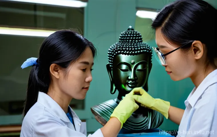 문화재수리기술자 실무에서의 문제 해결 능력 - **Prompt:** A focused close-up on a skilled Vietnamese cultural heritage conservator, wearing clean,...