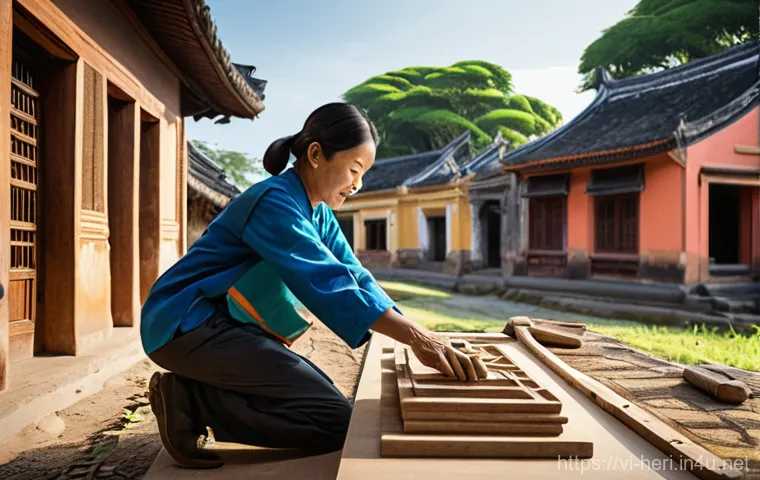 문화재수리기술자 실무에서의 문제 해결 능력 - **Prompt:** A focused close-up on a skilled Vietnamese cultural heritage conservator, wearing clean,...