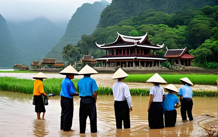 문화재수리기술자 실무에서의 문제 해결 능력 - **Prompt:** A dynamic scene depicting the restoration of a historic Vietnamese communal house (đình)...