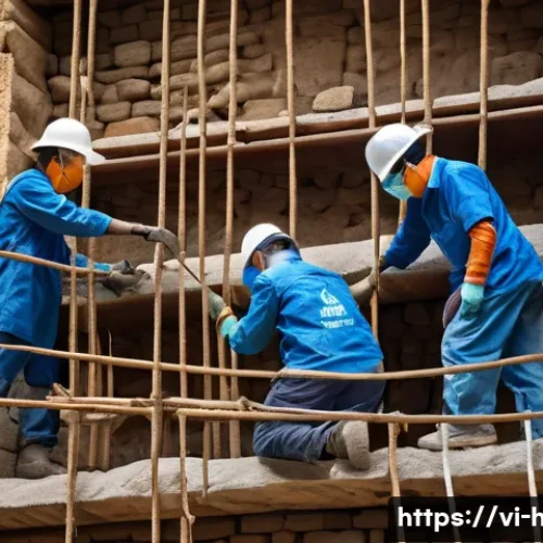 Home 33 문화재수리기술자 필수 실습 과정 - A detailed scene of Vietnamese heritage restoration experts carefully repairing an ancient limestone...