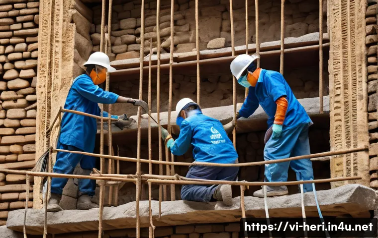 문화재수리기술자 필수 실습 과정 - A detailed scene of Vietnamese heritage restoration experts carefully repairing an ancient limestone...