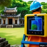 Home 20 문화재수리기술자 채용 시장 트렌드 - A Vietnamese heritage conservation technician wearing protective work clothing and safety gear, oper...