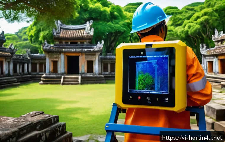 문화재수리기술자 채용 시장 트렌드 - A Vietnamese heritage conservation technician wearing protective work clothing and safety gear, oper...