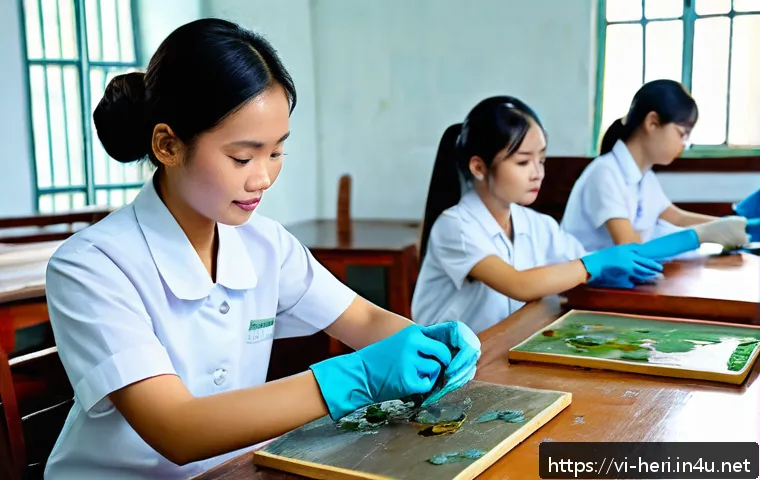 문화재수리기술자 교육 기관 추천 - A detailed scene of Vietnamese cultural heritage restoration training at Hanoi Industrial Fine Arts ...