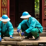 Home 18 문화재수리기술자 네트워크 확대 방법 - A detailed scene of Vietnamese conservation technicians actively restoring a historic temple site in...
