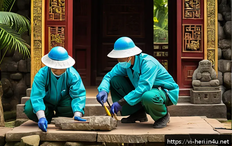 문화재수리기술자 네트워크 확대 방법 - A detailed scene of Vietnamese conservation technicians actively restoring a historic temple site in...