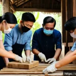 Home 23 문화재수리기술자 자격 시험 준비 커뮤니티 - A detailed scene of a Vietnamese heritage conservation workshop, showing a group of young adults in ...