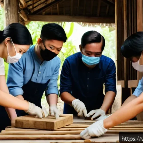 Home 17 문화재수리기술자 자격 시험 준비 커뮤니티 - A detailed scene of a Vietnamese heritage conservation workshop, showing a group of young adults in ...