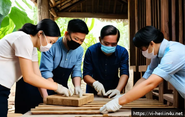 문화재수리기술자 자격 시험 준비 커뮤니티 - A detailed scene of a Vietnamese heritage conservation workshop, showing a group of young adults in ...