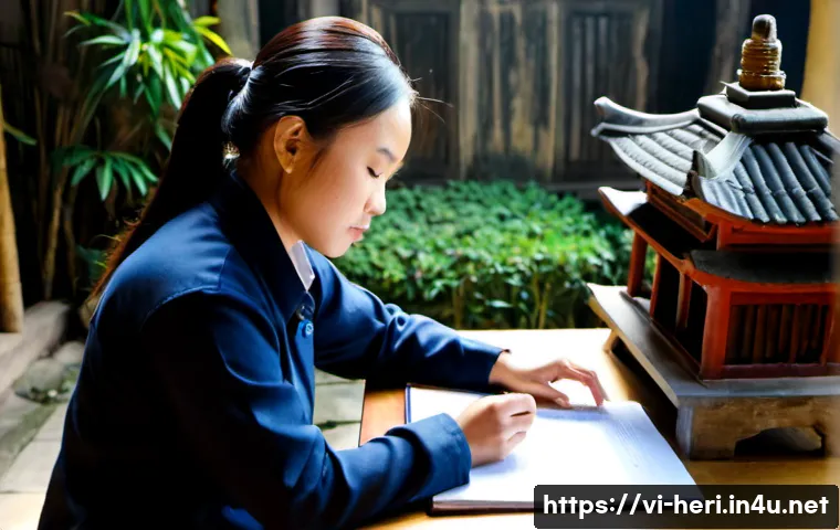 Home 17 문화재수리기술자 시험 준비 중 동기 유지 방법 - Photorealistic Vietnamese heritage restoration certification candidate studying at a tidy wooden des...