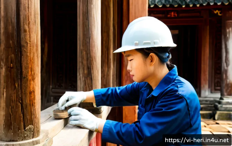 Home 17 문화재수리기술자 현장 경험 중요성 - Photorealistic documentary-style scene of an experienced Vietnamese heritage restoration technician ...